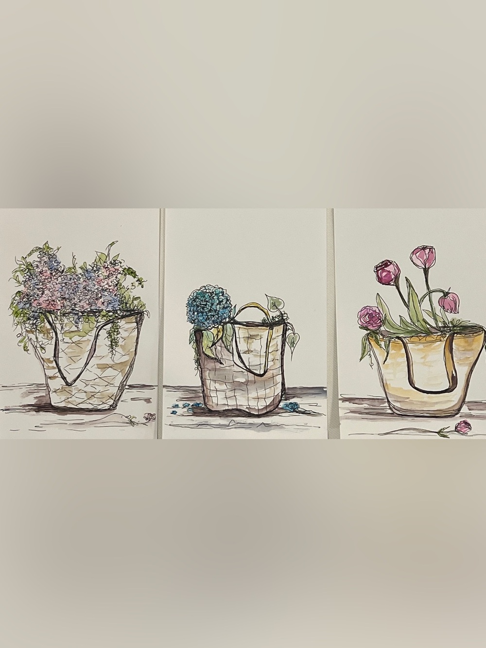 Set of Three Floral Basket Canvas Triptych - Pink, Blue, Lavender watercolor i